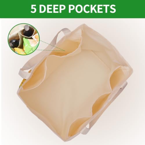 Aesthetic Canvas Reusable Grocery Bags Heavy Duty, 8.3 gal Foldable Large Tote Bag with Handles, Holds 60 lbs & Washable Eco-friendly Bags with 5 Pockets, Beige with a print 3 Bags（Wildflowers） - Image 6