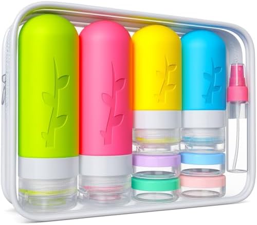 Tocelffe TSA Approved Travel Bottles Set – 18 Piece Leak-Proof Silicone Toiletry Kit with Clear Bag, Refillable Bottles, Jars, Spray Bottle & Accessories for Shampoo, Lotion and Body Wash by Tocelffe