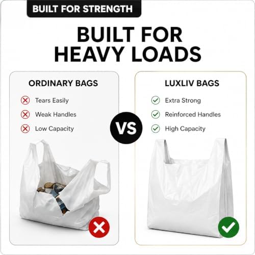 Reusable Heavy Duty White Plastic Shopping Bags with Handles, T-Shirt Grocery Carrier Bags, 12 x 18 x 24 Inch, HDPE Retail, Convenience Store & Takeout Bags, 1000 Pack - Image 5