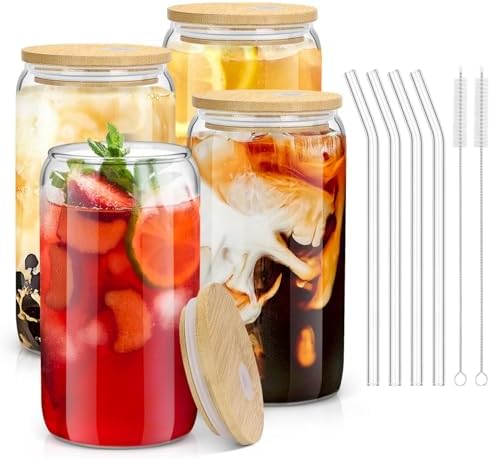Glass Cups with Lids and Straws - 16 oz Glass Drinking Cups Set for Coffee by sungwoo
