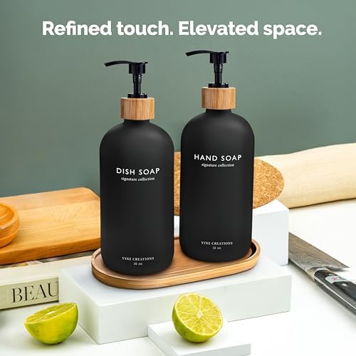 Vine Creations Black Glass Soap Dispenser Set, Hand Soap and Dish Soap Dispenser Set with Bamboo Tray, 16 oz Glass Dispensers Bottle for Kitchen and Bathroom Decor Modern Boho with Bamboo Pump (Black) - Image 6