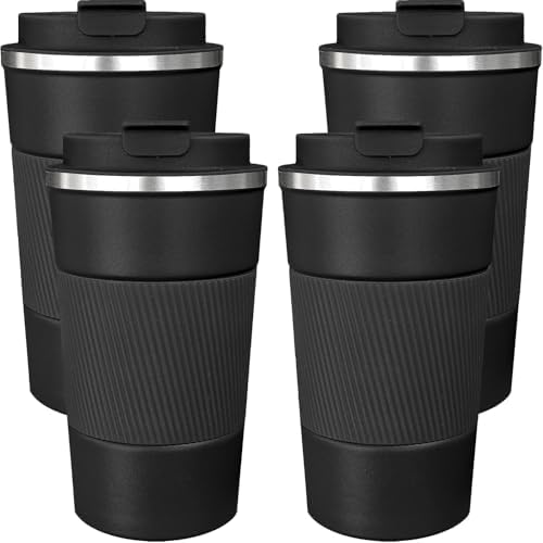 4 Pack Insulated Coffee Mug with Lid 17oz Travel Coffee Tumbler Stainless Steel Reusable Coffee Cups Thermal Coffee Mug for Hot and Iced Cold Drinks, Black by Unknown