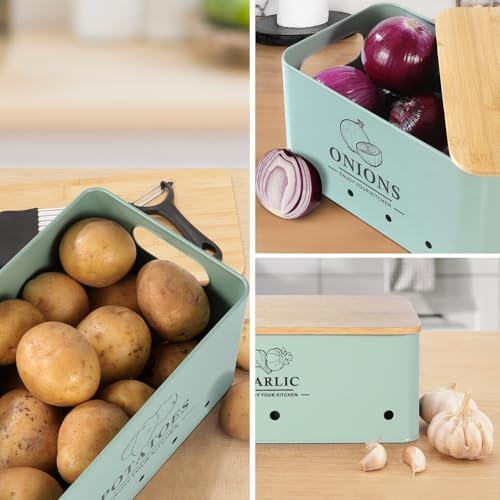 Kitchen Vegetable Storage Set of 3, Metal Onion Garlic Potato Storage Set, Kitchen Canisters Vegetable Keeper Containers with Aerating Holes and Bamboo Lid,Sage Green - Image 4