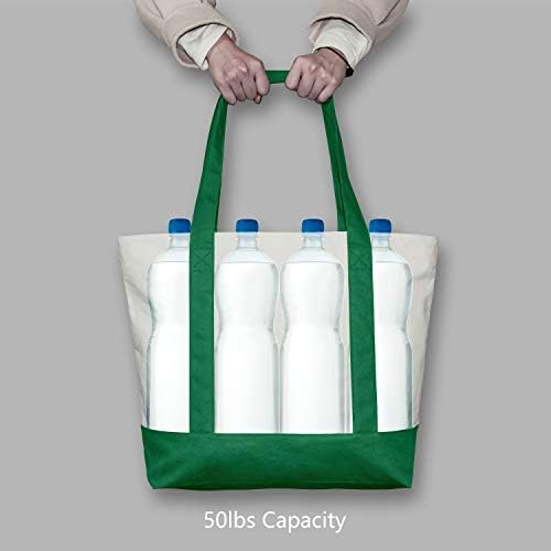 TOPDesign 6-Pack Canvas Tote Bags with an External Pocket, Reusable Grocery Shopping Bags, Top Zipper Closure, Daily Essentials (Green/Natural) - Image 6