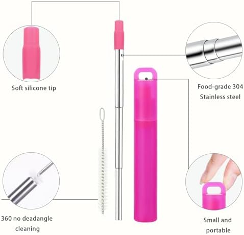 NAIVELY-Metal Reusable Straws 3 Pack Collapsible Portable Stainless Steel Drinking Straw Telescopic Travel Straw, with Case and Cleaning Brush Foldable Pocket Straws - Image 2