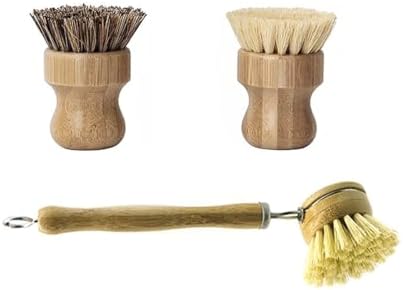 Wooden Dish Brush Set Clean Pots Bamboo Dish Brush - 1 Long Handle Dish Brush and 2 Palm Scrubbing Brush Scrub Brush for Pots, Pans & Dishes,Plastic Free Washing Up, Zero Waste Cleaning (3 Pack) by JININQ
