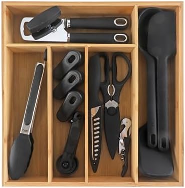 COOK WITH COLOR Bamboo Kitchen Utensil Set with Drawer Organizer | Cooking Tools and Storage Caddy, Black, 18 Piece Gadget Set by CookwithColor