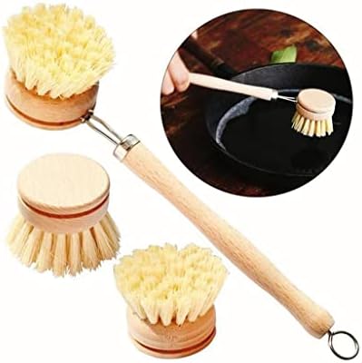 Dish Brush Bamboo Washing Brush with Long Wood Handle Replaceable Head Nylon Bristles Hanging Loop Suitable for dishwashing countertops Showers - Image 5