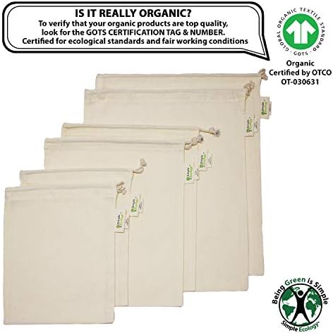 Simple Ecology Reusable Grocery Produce Shopping and Storage Bags, Organic Cotton Muslin, Set of 6 (2 ea. of L, M, S) - Image 3