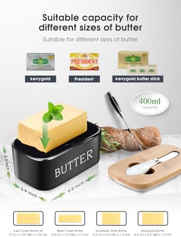 Ceramic Butter Dish with Lid and Knife & Silicone Seal 400ml 2 Pack Black - Image 2