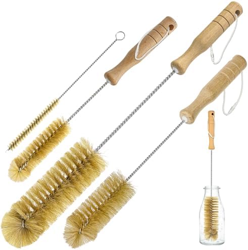 Boar Bristle Bottle Brush Set (4 Pack) - Straw & Water Bottle Cleaner by Attoshow