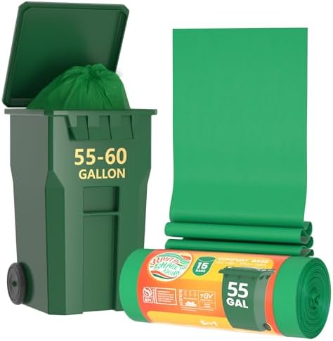 55-60 Gallon Compostable Trash Bags Liners, Heavy Duty Extra Thick 1.57 Mil, 208.2 Liter, 15 Bags, Lawn, Yard, and Restaurant Use, ASTM D6400, US BPI, OK Compost Home Certified by RAYTID