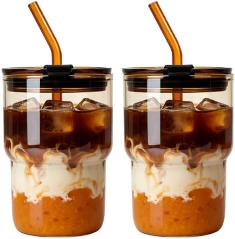 Luxfuel 16 oz Glass Cups with Lids and Straws Reusable Iced Coffee Tumbler by Luxfuel