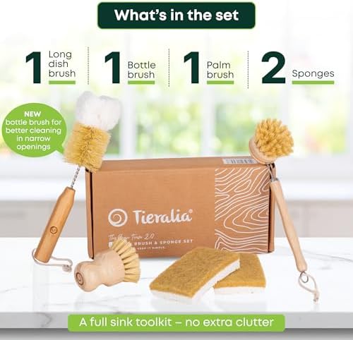 Tieralia Bamboo Dish Brush Set 5 Piece – Eco Friendly Kitchen Cleaning Kit with Bottle Brush, Long Dish Brush, Palm Scrubber & 2 Plant-Based Sponges | Plastic-Free Natural Dish Scrubber - Image 4