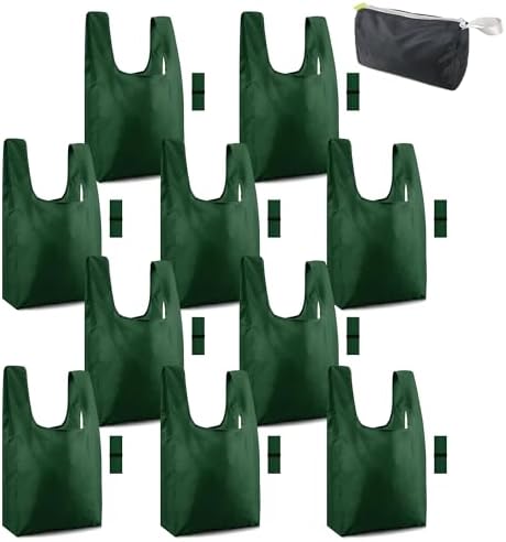 BeeGreen Christmas Green Reusable Grocery Bags with Zipper Storage Pouch 10 Packs Dark Green Reusable Shopping Bags Bulk Foldable-Machine Washable by BeeGreen