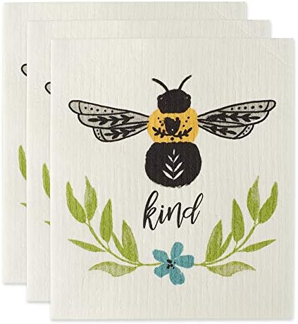 DII Swedish Dishcloths for Kitchen & Cleaning, Reusable, Machine Washable & Dishwasher Safe, Biodegradable, 7.75 x 6.75, Bee Kind, 3 Piece by DII