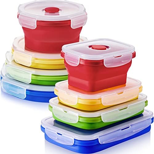 Zopeal 8 Pcs Collapsible Food Storage Containers Foldable Silicone Lunch Containers with Lids 4 Silicone Rectangle Collapsible Bowls and 4 Round Food Bowls Microwave Freezer Dishwasher Safe (Colorful) by Mimorou