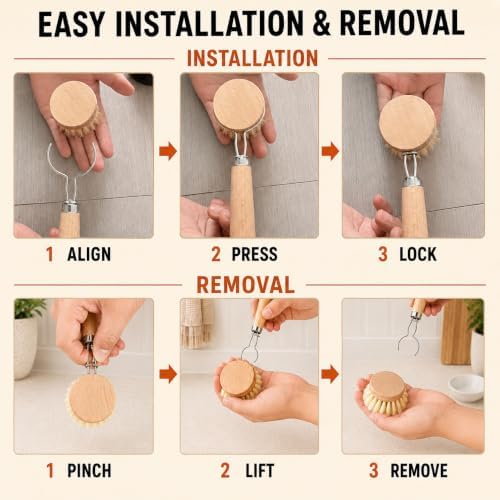 Natural Bristle Dish Brush with 3 Refill Heads, Long Handle - Image 3