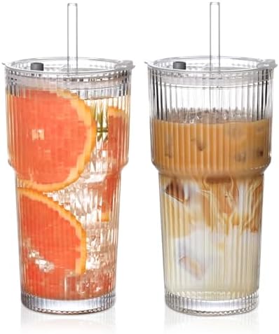 20oz Ribbed Glass Cups with Lids and Straws,2PCS Glass Tumbler with Straw and Lid,Iced Coffee Cups Drinking Glasses for Juice Whiskey Cocktail Beer by AUFXKOO