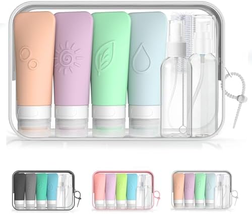 16-Piece Silicone Travel Bottles Set – TSA Approved Leakproof Toiletry Kit with Flat Easy-Squeeze Bottles, Pump & Spray, Waterproof Bag by KLKE