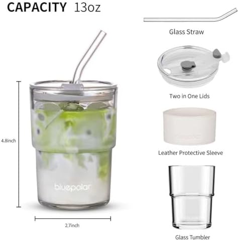 BLUEPOLAR 13oz/400ml Glass Water Tumbler with Straw and Lid Sealed Carry on Thick Wall Iced Coffee Cup for Water, Iced Tea, Fruit Juice (White with Protective Sleeve) - Image 2
