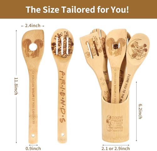 Wooden Spoon for Cooking- Cartoon Wooden Spoons Bamboo Utensils Set Kitchen Decoration- Birthday Gift Kitchen Accessory with Cute Apron Oven Mitt Potholder- Best Kitchen Gifts for Women Friends (Grey) - Image 3