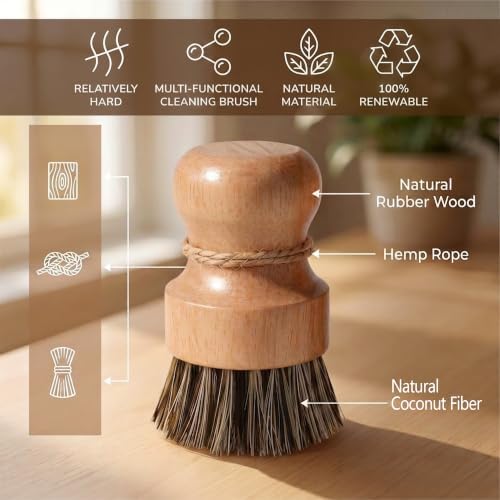 Wood Dish Brush, Natural Fiber Kitchen Scrubber with Ergonomic Grip, 3 Pack - Image 4