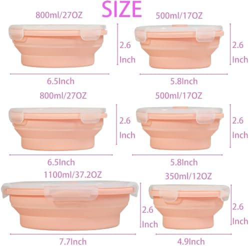 Plus 6PCS Foldable Silicone Food Storage Containers for Kitchen Storage for Leftovers Fruits and Meal Prep Dishwasher Safe Microwave Safe Ideal for Home and Travel (Pink, round) - Image 2