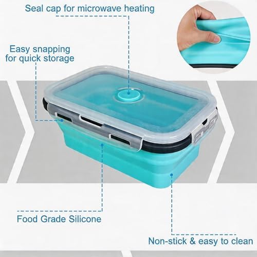 Collapsible Silicone Food Storage Containers Set, 4PCS Foldable Lunch Boxes with Lids & Air Vent, 27oz Multifunctional Travel Food Containers, Bento Boxes, Blue - Image 2