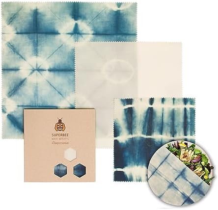 SUPERBEE Beeswax Wrap for Food, Set of 3 Bees Wax Wraps, Reusable Bees Paper for Wrapping Vegetables, Cheese, Bowl Covers and Sandwich Wrapping Paper, Beeswax Food Wraps (BeeIndigo) by SuperBee