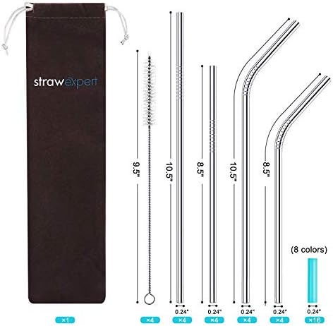 StrawExpert Set of 16 Reusable Stainless Steel Straws with Travel Case Cleaning Brush Silicone Tips Eco Friendly Extra Long Metal Straws Drinking for 20 24 30 oz Tumbler, Silver - Image 2