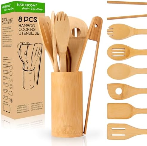 Naturoom Kitchen Utensils Set of 8 PCS, 12Inches Bamboo Wooden Cooking Spoon & Spatula Tools Perfect for Non-Stick Cookware (Bamboo 12inches) by Naturoom