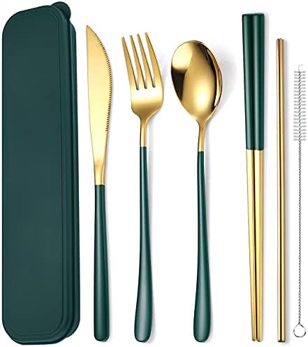 AARAINBOW 6 Pieces 18/8 Stainless Steel Flatware Set Portable Reusable Cutlery Set Travel Utensils Set Including Chopsticks Knife Fork Spoon Straws Cleaning Brush Dishwasher Safe (Green golden) by AARAINBOW
