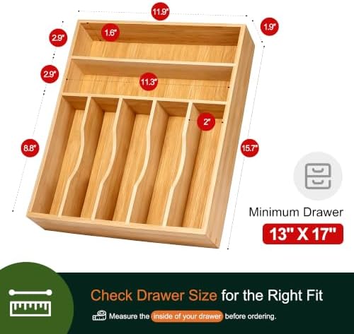 Kitchen Bamboo Silverware Organizer, Kitchen Drawer Organizer - Utensil Holder and Cutlery Tray with Grooved Drawer Dividers for Flatware 7 Slot, Natural - Image 2