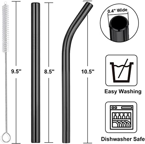 Vinaco 6 Pack Black 0.4" Wide Bore Reusable Stainless Steel Smoothie Straws - Image 2