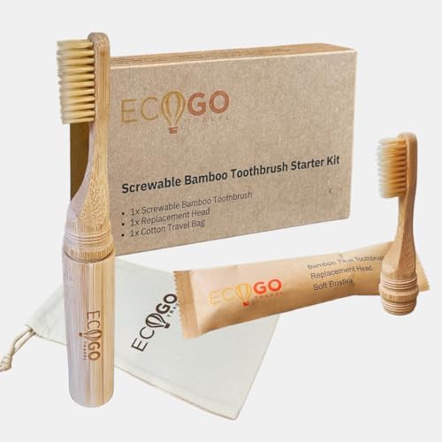 Screwable Bamboo Toothbrush Kit – Travel Toothbrush with Replacement Head & Cotton Storage Bag – Eco-Friendly, Compact, and Perfect for On-the-Go by EcoGoTravelEssentials