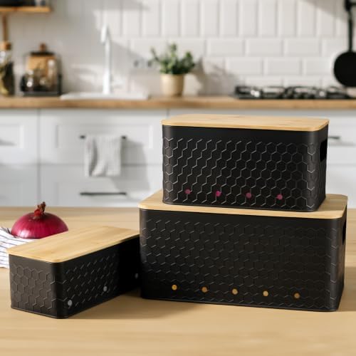 Kitchen Vegetable Storage Set of 3, Metal Onion Garlic Potato Storage Set, Kitchen Canisters Vegetable Keeper Containers with Aerating Holes and Bamboo Lid,Embossed Black - Image 2