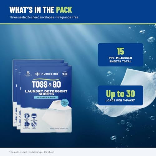 Purecise Travel Laundry Detergent Sheets, Fragrance Free, 30 Loads, 3 Pack - Image 2