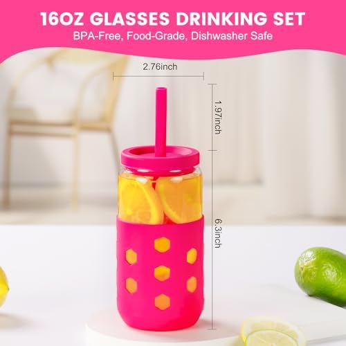 Mrsdry 16 oz Glass Cups with Lids and Straws for Gift, 4-Pack, Pink - Image 6