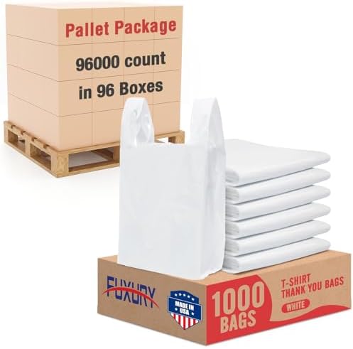 Fuxury 96000 (96K) Count Plastic T-shirt Bags Plain White 11.5" x 6.5" x 21", Grocery, Trash, Garbage,Take Out, To Go, Restaurants, Retail Shopping Bags in Bulk for Small Business Pallet Package by Fuxury