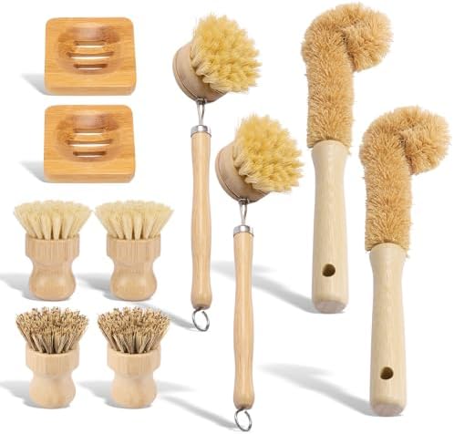 10 Pcs Bamboo Dish Brush Set, Wooden Dish Brush with Long Handle Cup Brush, Short Handle Sisal & Coarse Brushes, Square Rack Tray, Natural Bamboo Bottle Brush for Pots, Pans,Vegetables by Unknown