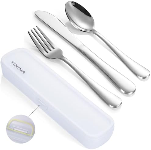 Travel Utensils with Case, 4-Piece Stainless Steel Portable Cutlery Set, Reinforced Case with Buckle Design, Lunch Box for Camping Work School, Include Fork Spoon Knife, Dishwasher Safe, Silver by TININA