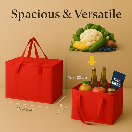 musbus 2Pk Insulated Reusable Grocery Bags, Collapsible Cooler Bag for Groceries, Heavy Duty Large Insulated Bag (Large, Bright Red) - Image 5