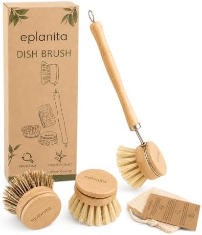 eplanita Natural Dish Brush, 3 Replacement Heads, Kitchen Eco Bamboo Scrubber Brushes, Extra Plant Sponge, Plastic Free Washing Up, Zero Waste Cleaning by eplanita