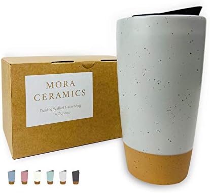 Mora Double Wall Ceramic Coffee Travel Mug with Lid, 14 oz, Portable, Microwave, Dishwasher Safe, Insulated Reusable Tall Cup, Splash Resistant Lid - To Go Tumbler for Car Cup Holder, Overcast Grey by MORA