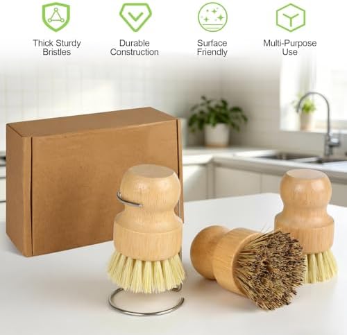 Bamboo Dish Brush Set with Holder, 2 Sisal & 1 Palm Scrub Brush - Image 4