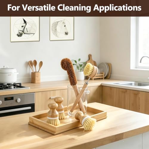 5 Pack Bamboo Dish Brush Set, Natural Kitchen Scrubber & Bottle Brush, Wooden Dish Brush for Cleaning Dishes, Pots, Pans, Bottles, Vegetables, Sinks, Woks - Image 6