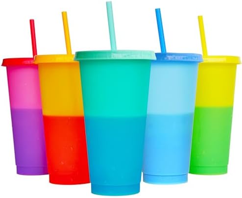 Color Changing Cups, 5 Pack 24oz Plastic Tumblers, Reusable Iced Coffee & Smoothie Cups with Lids and Straws for Parties and Travel (5 Change, 5 Packs) by Alohastarttg