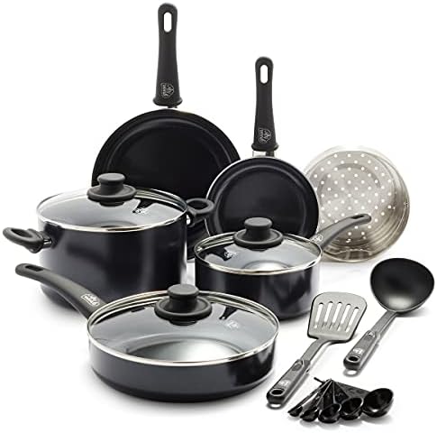 GreenLife Soft Grip Healthy Ceramic Nonstick 12 Piece Kitchen Cookware Pots and Frying Sauce Saute Pans Set, PFAS-Free with Kitchen Utensils and Lid, Dishwasher Safe, Black by GreenLife
