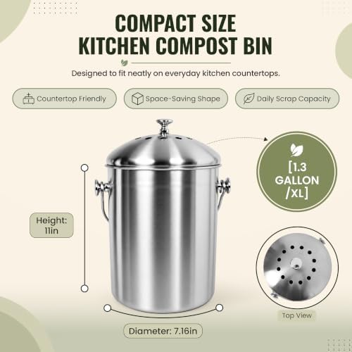 Epica Kitchen Compost Bin for Kicthen Countertops, 1.3 Galllon - Silver - Image 2